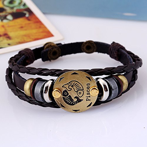 Yellow Chimes Zodiac Sign Constellation Handmade Brown Leather Bracelet for Men and Women/Unisex (Pisces)