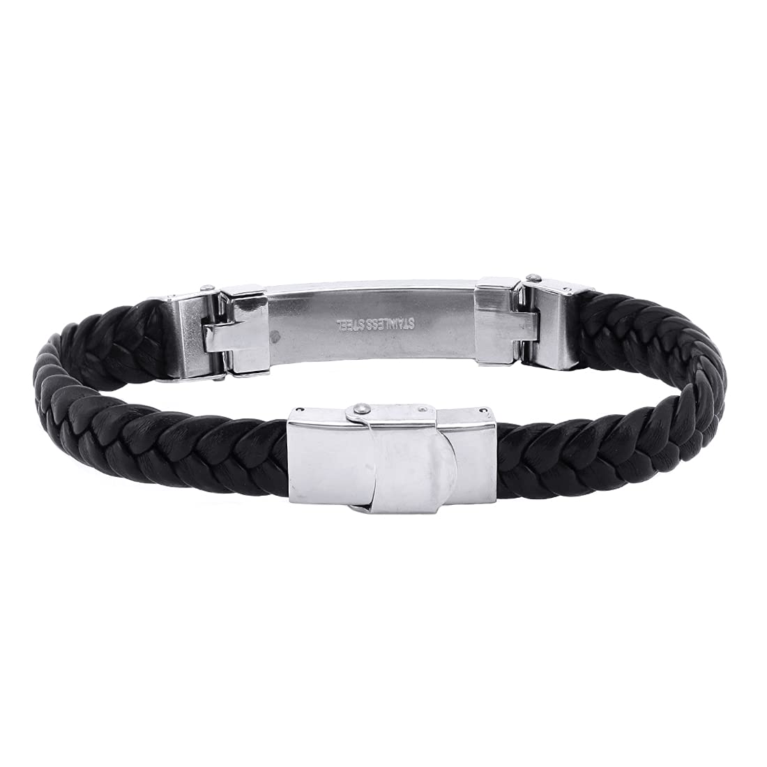 Yellow Chimes Leather Bracelet for Men Black Wrist Bracelet Stainless Steel Black Leather Bracelet for Men and Boys.