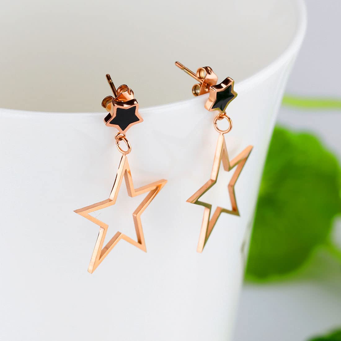 Kairangi Drop Earrings for Women Rose Gold Plated Stainless Steel Star Shaped Statement style Drop Earrings for Women and Girls