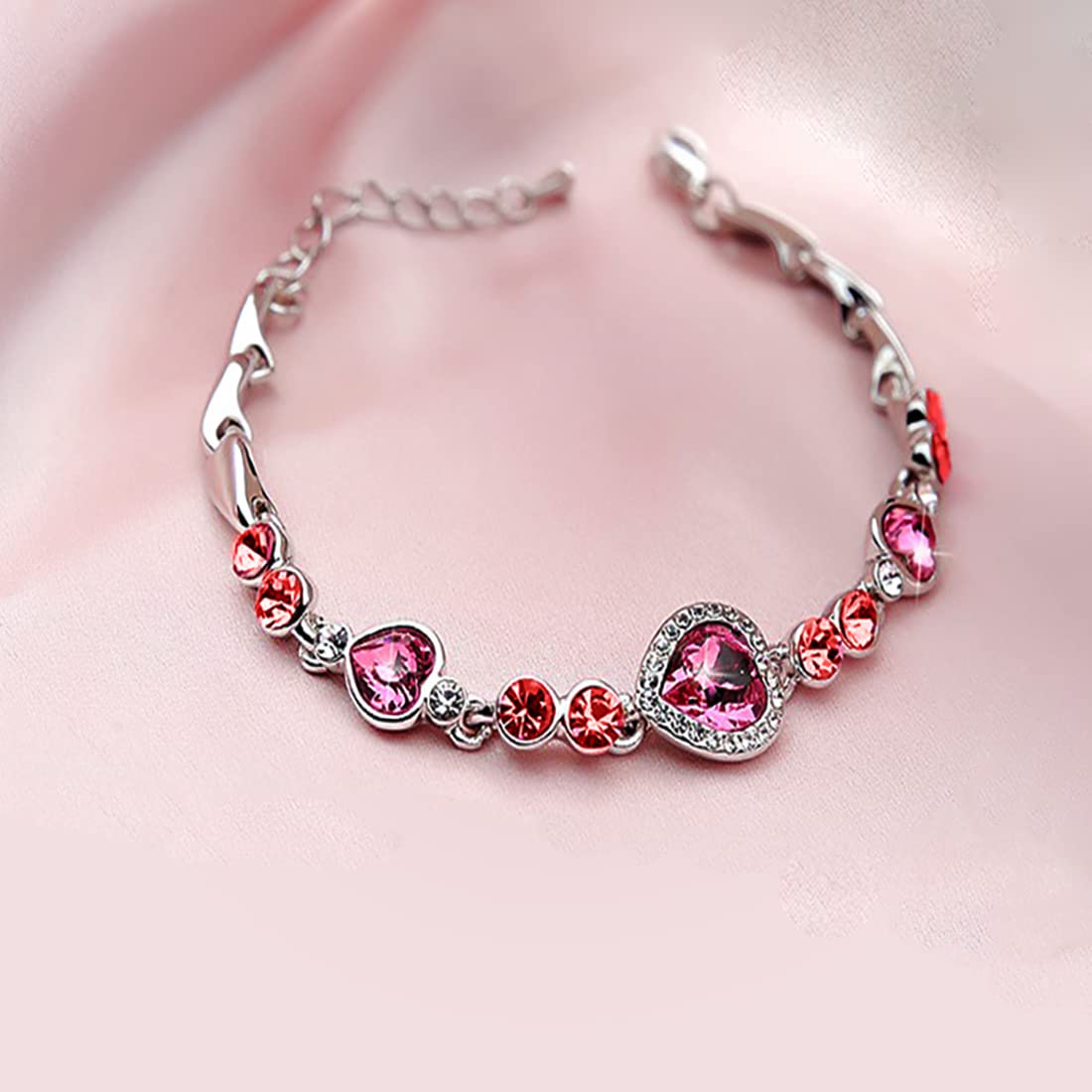 Kairangi Bracelet for Women and Girls | Pink Crystal Stone Heart Shaped Silver Tone Crystal Bracelet | Birthday Gift for Girls and Women Anniversary Gift for Wife