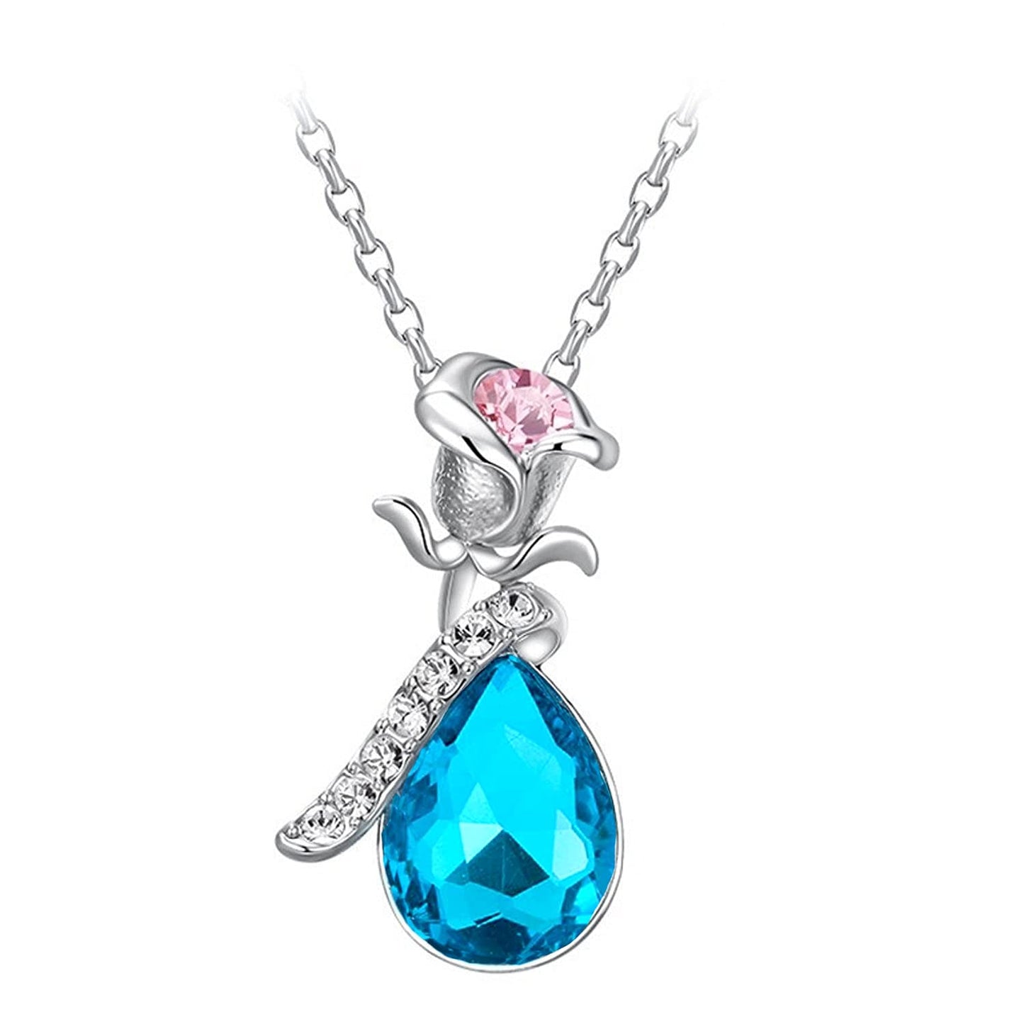 Yellow Chimes Elegant Latest Fashion Silver Toned Blue Flower Crystal Designer Pendant for Women and Girls, silver, blue, medium