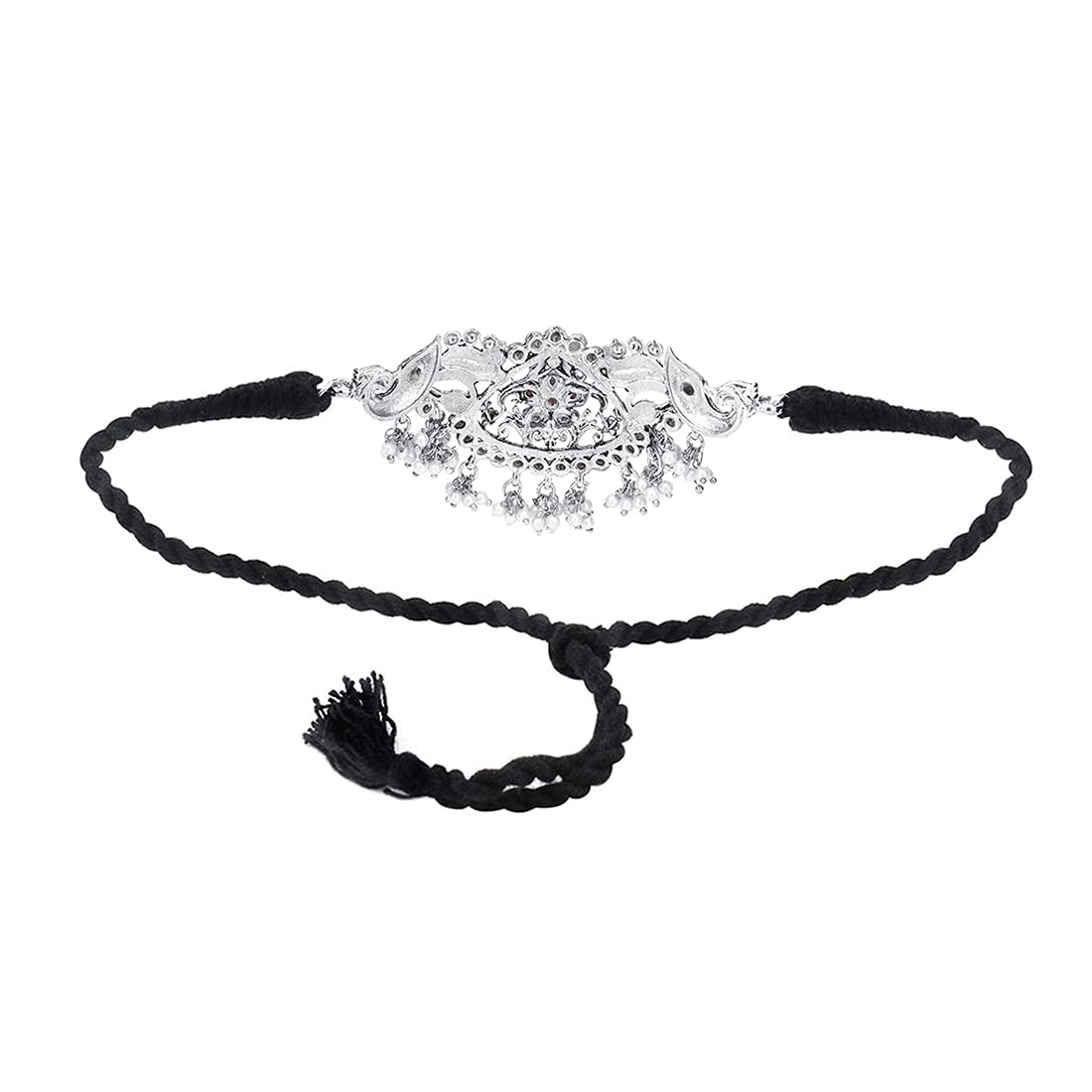 Yellow Chimes Classic German Silver Oxidised Black Studded stones Flower Peacock Design Pearl moti Hand made Dori Thread Traditional Choker Necklace Set for Women and Girls, Medium (Model Number: YCTJNS-68STPCK-BK)