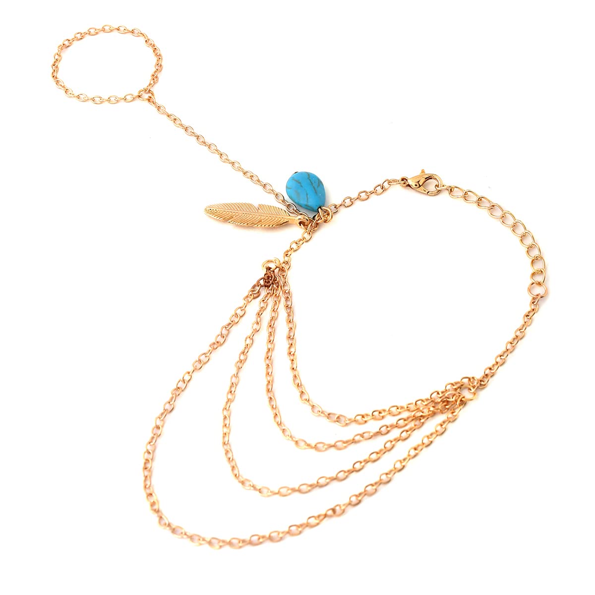 Yellow Chimes Hand Chain For Women Multilayer Gold Plated Blue Stone Feather Charm Hanging Hand Chain For Women and Girls