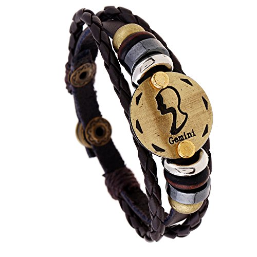 Yellow Chimes Zodiac Sign Constellation Handmade Brown Leather Bracelet for Men and Women/Unisex (Gemini)