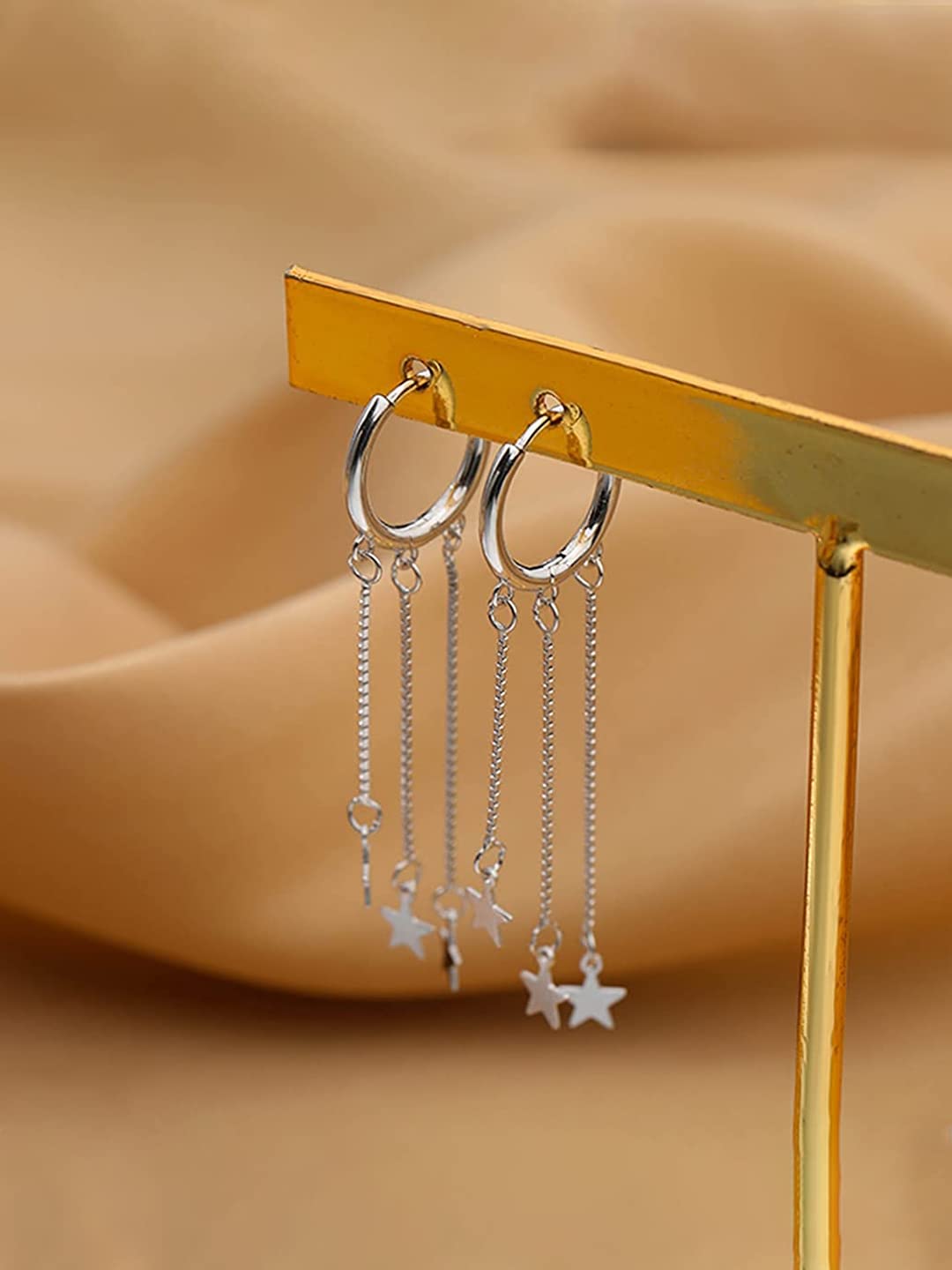 Yellow Chimes Earrings For Women Silver Toned Round Stud Triple Chain Stars Hanging Dangler Earrings For Women and Girls