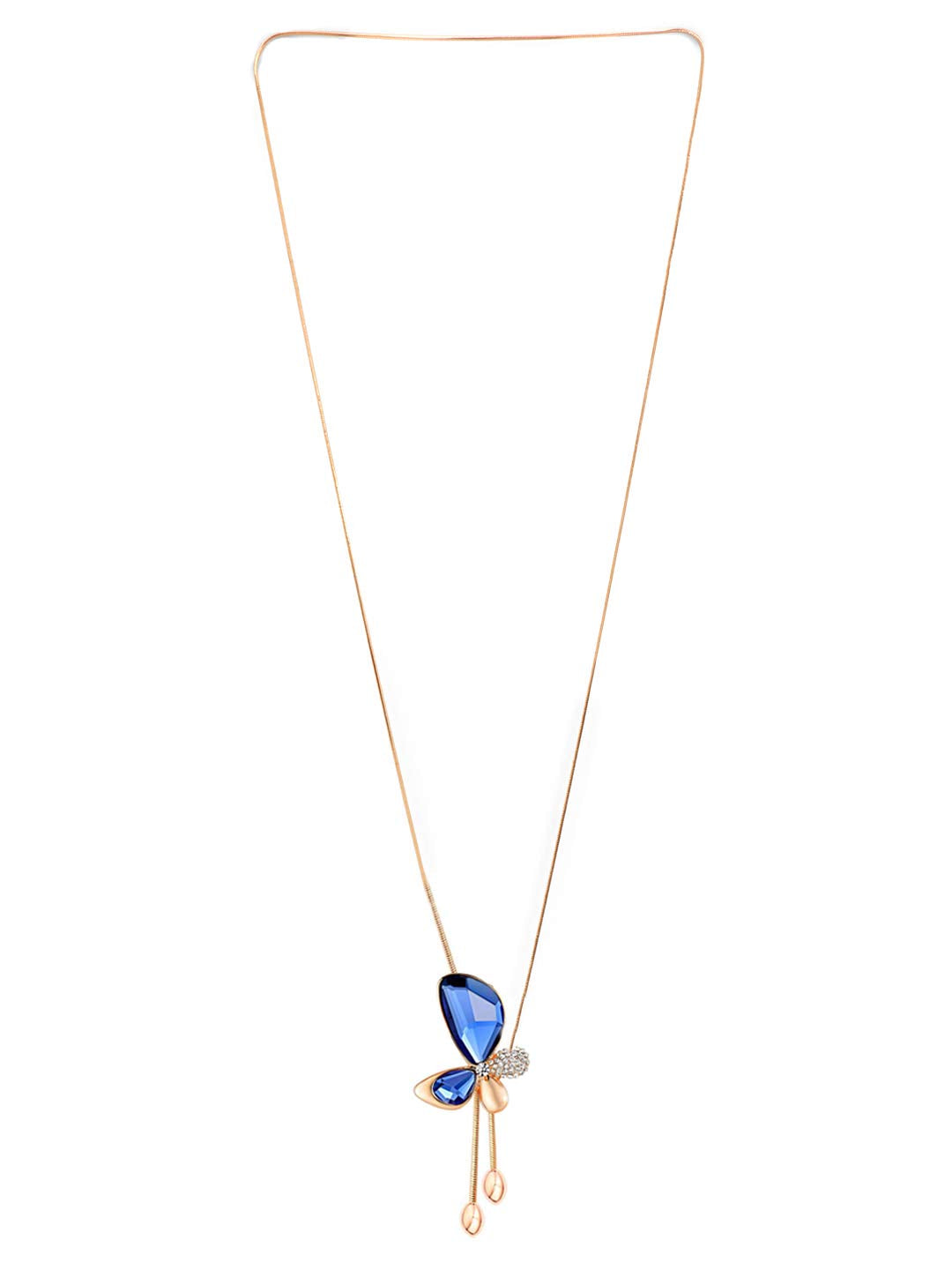 Yellow Chimes Long Chain Pendant Necklace for Women Blue Crystal Butterfly 18K Rose Gold Long Chain Necklace for Women and Girls.