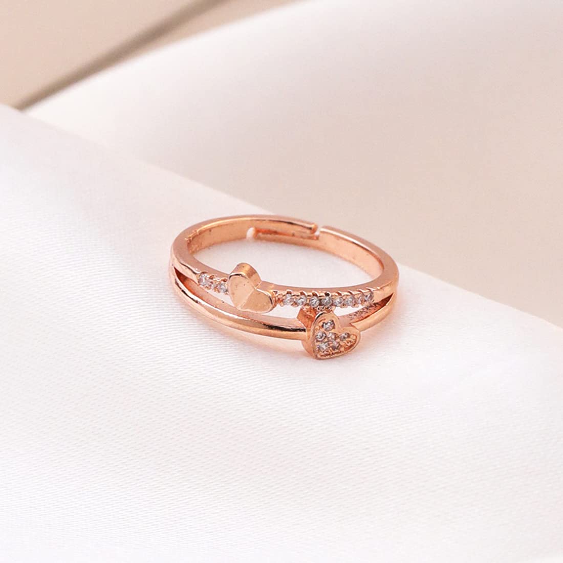 Yellow Chimes Rings for Women and Girls | Rose Gold White Crystal Studded Ring | Adjustable Stone Rings | Dual Heart Shaped Ring for Women | Birthday Gift for Girls and Women Anniversary Gift for Wife