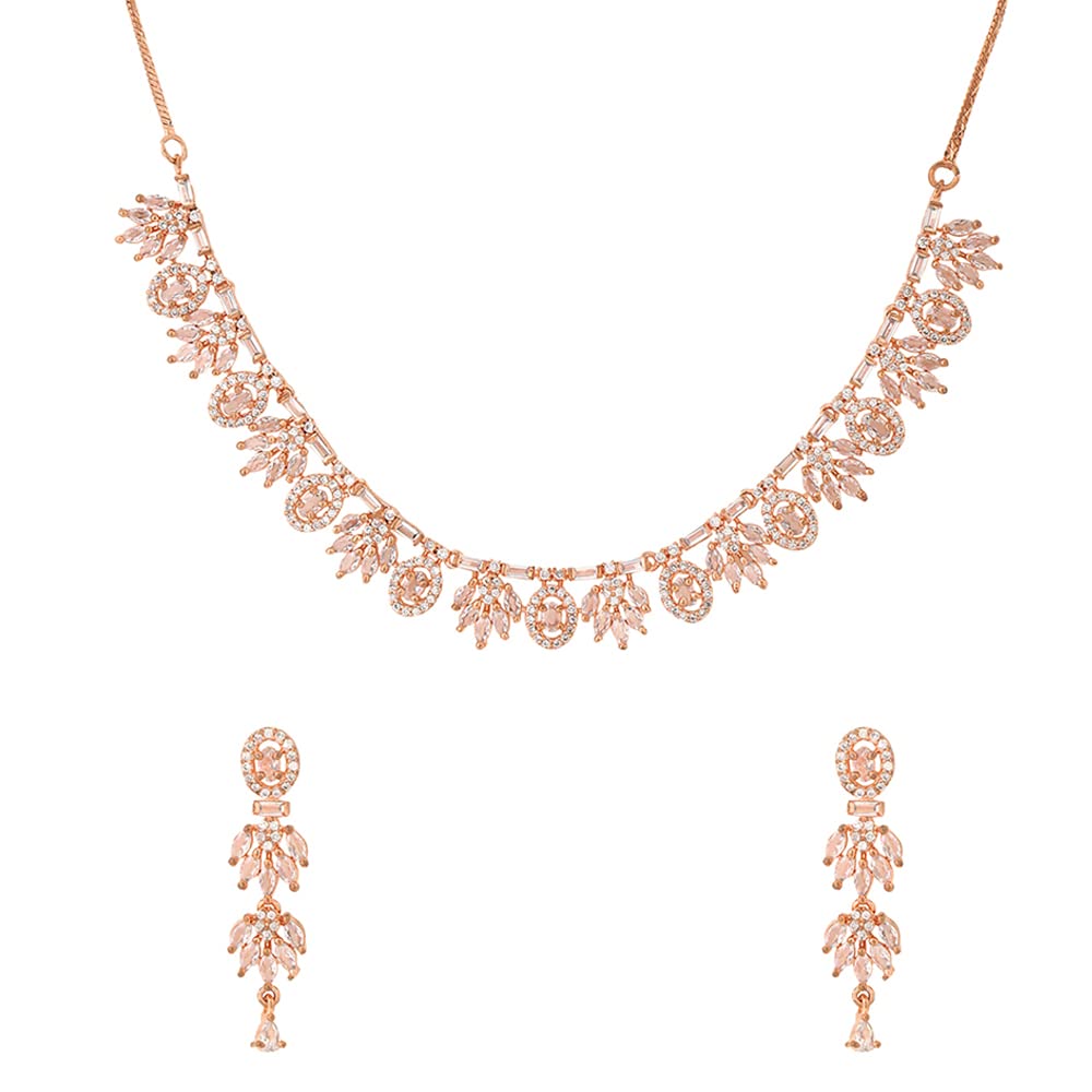 Yellow Chimes American Diamond Rosegold Plated Brass Jewellery Set For Women | Ideal For Wedding Events Anniversary Gifting | Suited For Traditional & Western Attire | Rose Gold AD Necklace Set