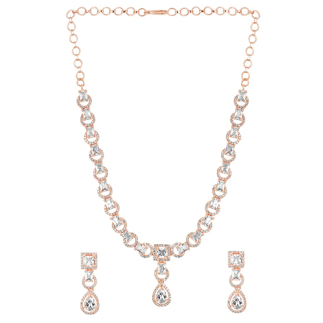 Yellow Chimes Women's Traditional Rose-gold Plated American Diamond Necklace Set