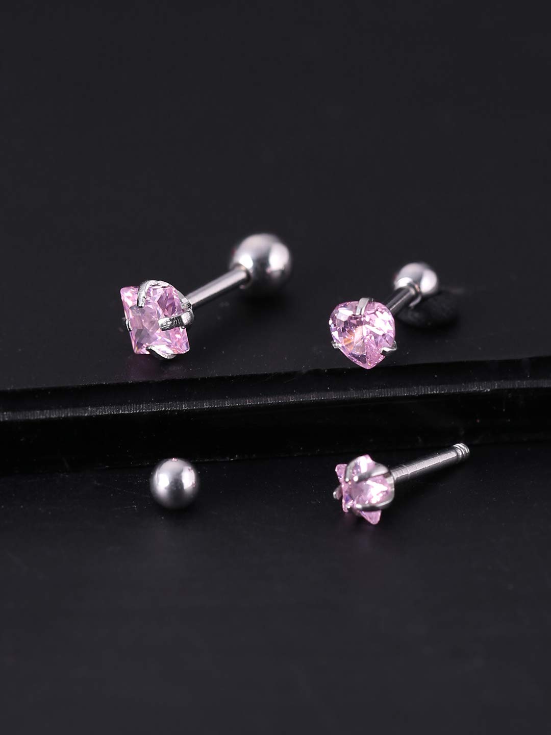 Yellow Chimes Stud Earrings for Unisex Combo of 3 Pcs Pink Silver Cubic Zirconia Stainless Steel Crystal Helix Cartilage Single Stud Earrings for Women and Girls