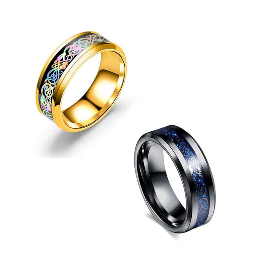 Yellow Chimes Rings for Men | Pack of 2 Combo Rings Stainless Steel Ring| Blue Black and Gold tone Dragon Celtic Rings Combo for Men and Boys| Ideal Gift For Men and Boys