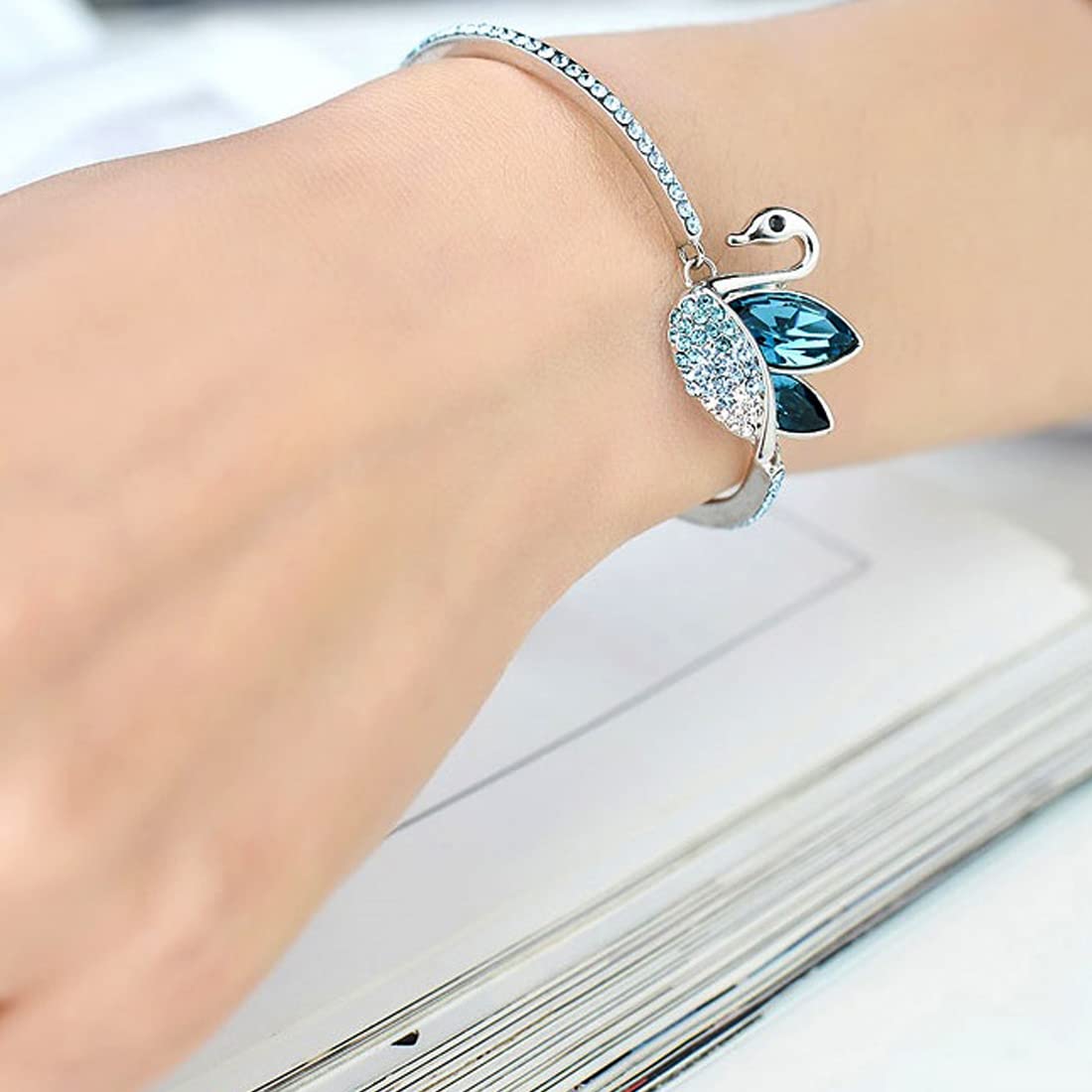 Kairangi Bracelet for Women and Girls Blue Crystal Swan Shaped Silver Toned Crystal Bracelet for Girls | Birthday Gift for Girls and Women Anniversary Gift for Wife