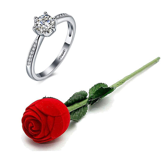 Yellow Chimes Valentines Gift Combo of Crystals from Swarovski Silver Designer Ring in Red Velvet Rose Ring Box for Women and Girls