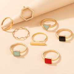 Yellow Chimes Rings for Women 8 Pcs Ring Set Gold Plated Stone Studded Geometric Multicolor Midi Finger Knuckle Rings for Women and Girls.
