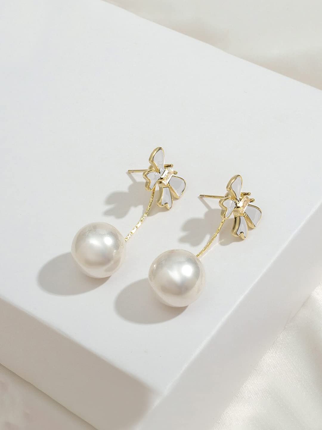 Yellow Chimes Earrings For Women Statement Bow Shaped Stud Pearl Hanging Back Drop Earrings For Women and Girls