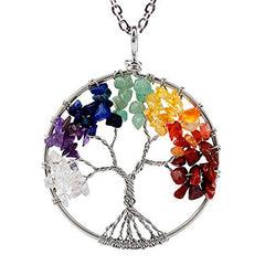 Yellow Chimes Tree of Life 7 Chakra Stones Handmade Long Chain Pendant Necklace for Women and Girls