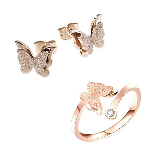 Yellow Chimes Butterfly Earrings Ring Set for Women Charming Dual Butterfly Surgical Steel 18K Real Rose Gold Plated Stud Earring Ring Set for Girls and Women.
