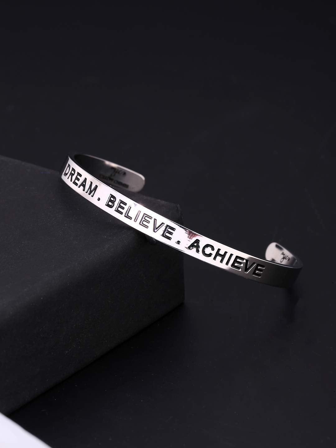 Yellow Chimes Bracelet for Unisex Dream Believe Achieve Inspirational Gifts Message Engraved Mirror Polish Stainless Steel Unisex Karma Band Kada Bracelet for Men and Women