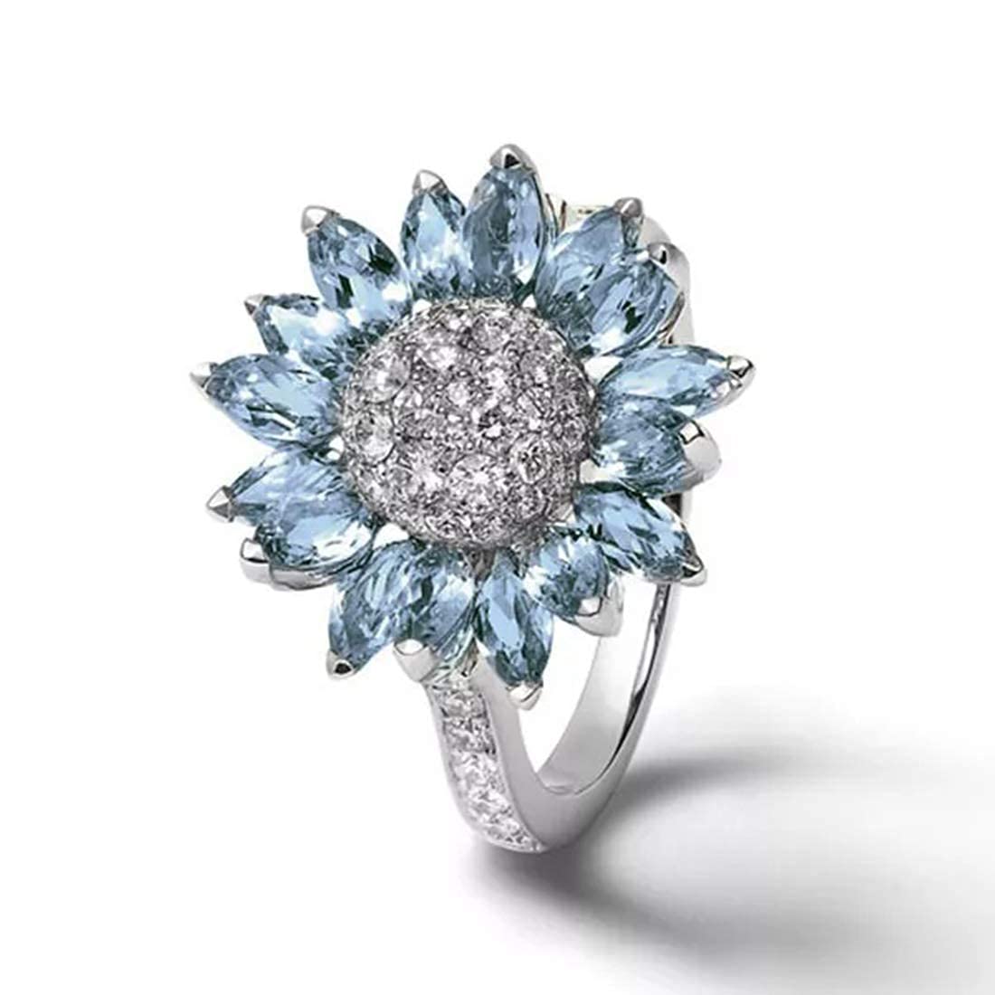 Yellow Chimes Rings for Women Floral Designed Aquamarine Blue and White Crystal Sunflower Shaped Silver Plated Rings for Women and Girl's