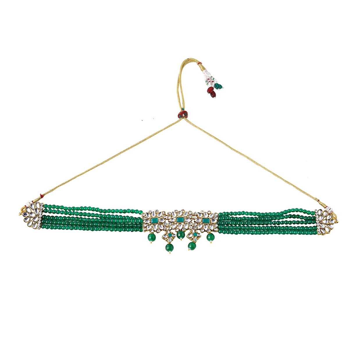 Yellow Chimes Jewellery Set Green Beads Multi Charm Kundan Studded Beads Drop Neckalce Set with Earrings & Maangtikka for Women and Girls