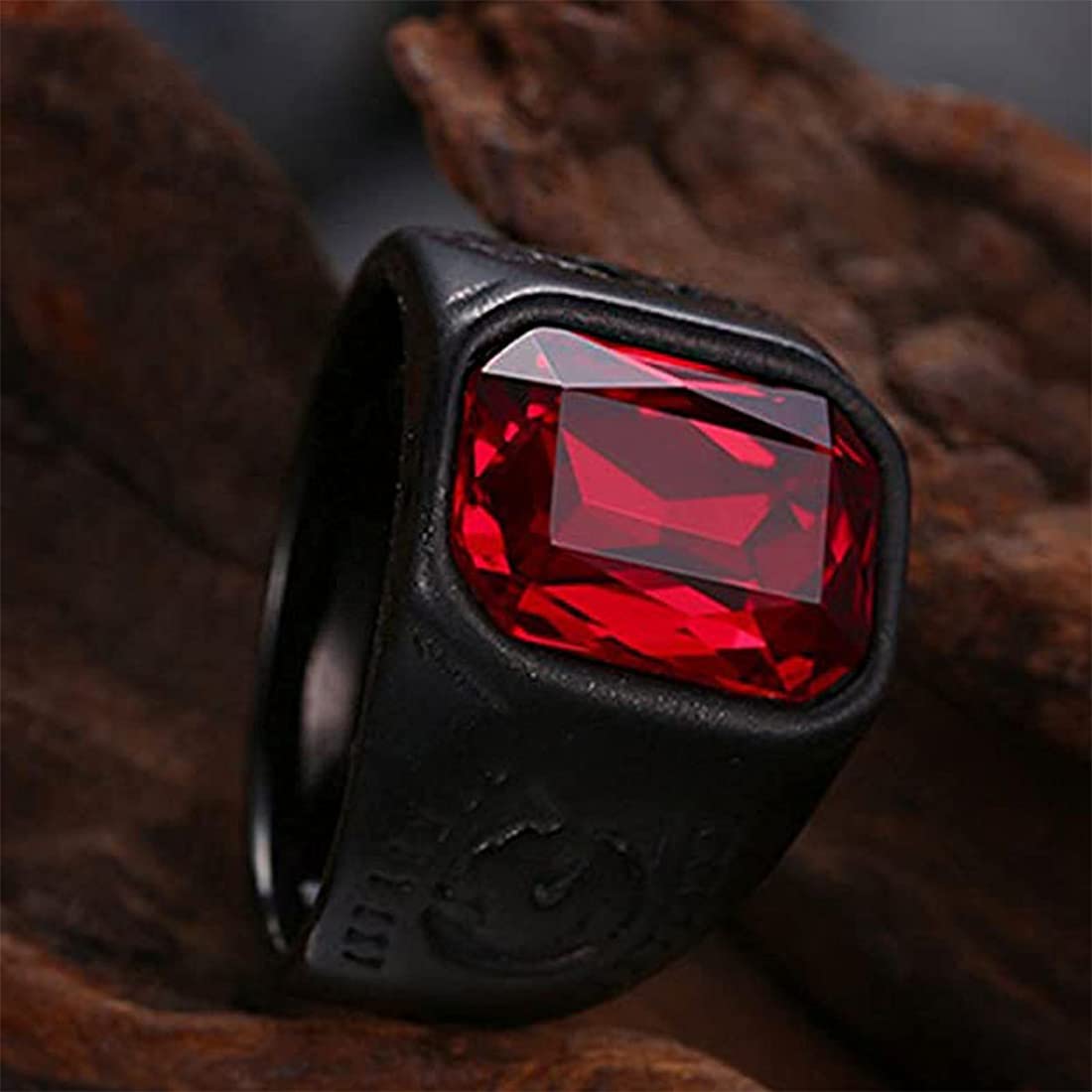 Yellow Chimes Elegant Stainless Steel Western Red Stone Studded Black Ring for Men and Boys (YCFJRG-206SQSTN-RD)