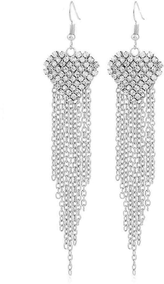 Yellow Chimes Elegant Love Heart Party Long Chain Tassels Rhinestone Luxury Crystal Hook Dangle Earrings For Women And Girls