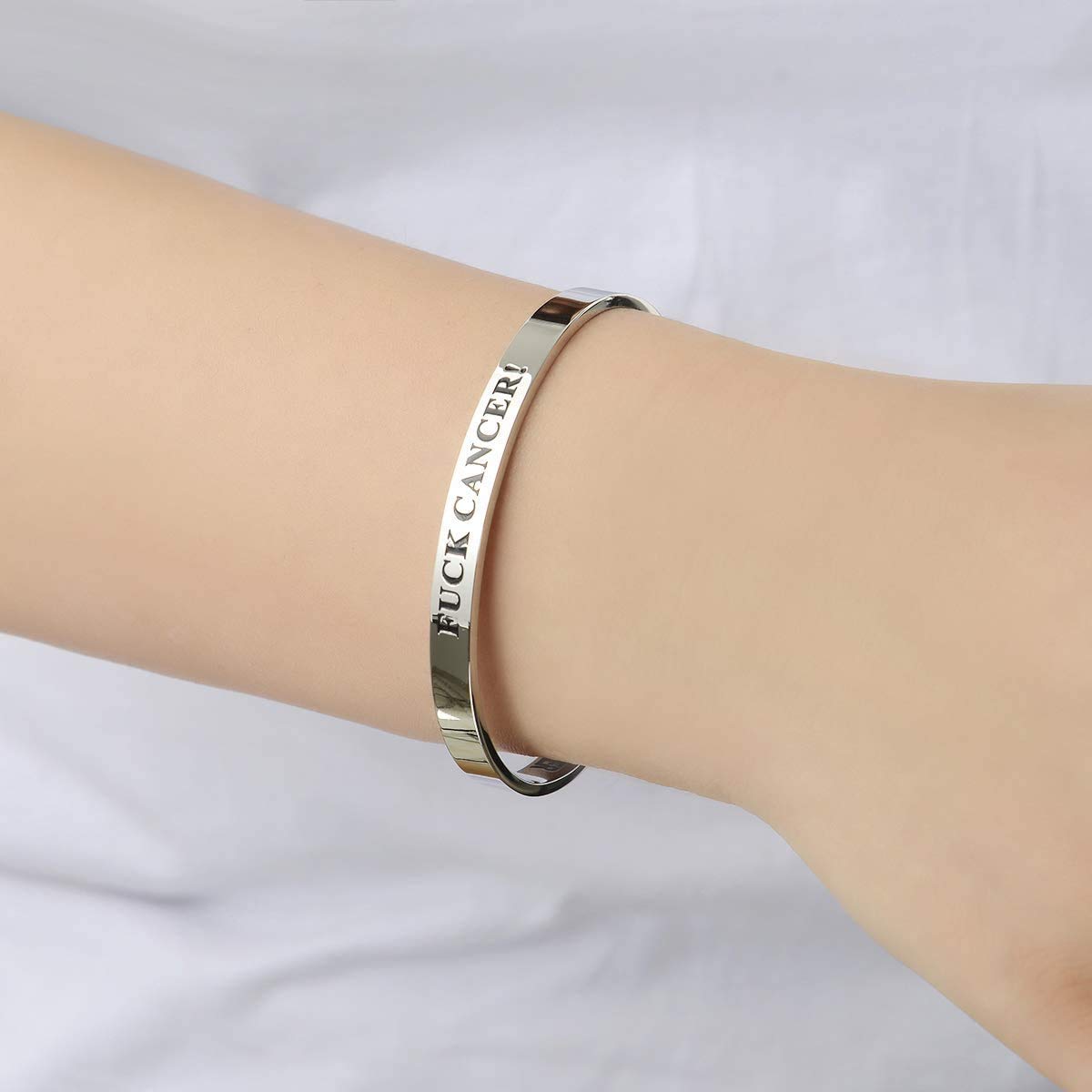 Yellow Chimes "Fuck Cancer Keep Going! (Unisex) Inspirational Gifts Message Engraved Karma Band Bracelet Bangle Mirror Polish Stainless Steel for Women & Men