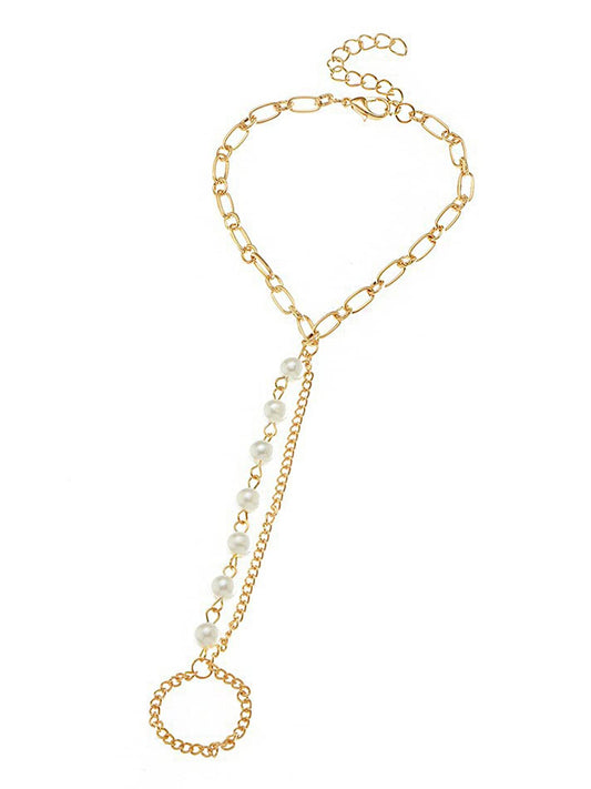 Yellow Chimes Ring Bracelet for Women and Girls Bracelet With Ring for Girls | Gold Toned Pearl Ring Bracelet | Birthday Gift For Girls and Women