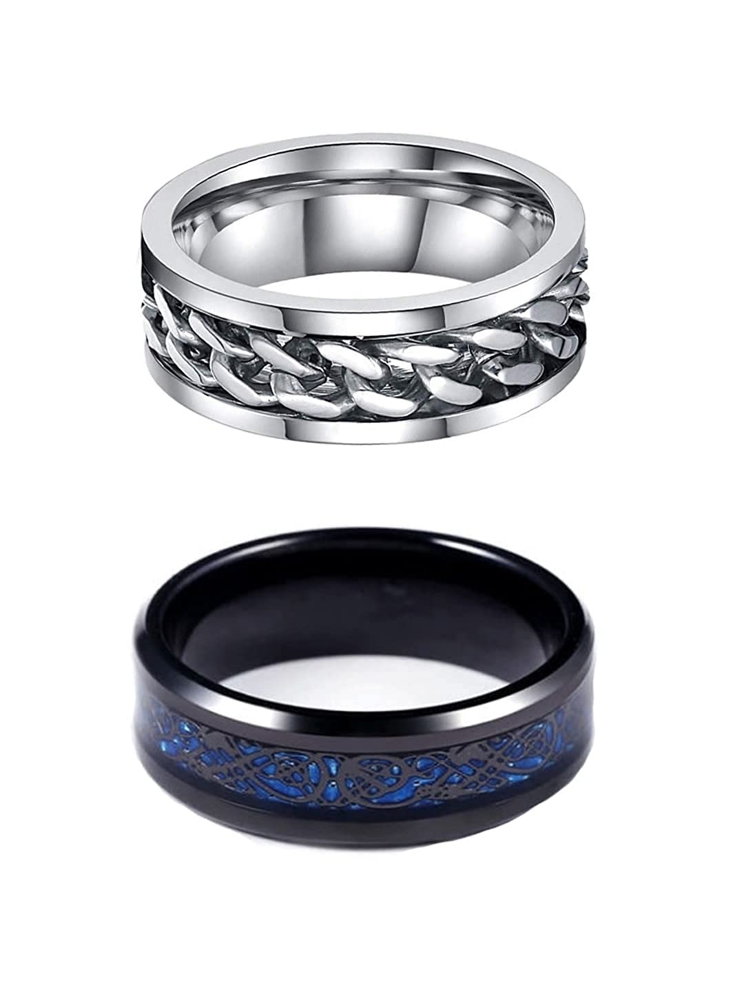 Yellow Chimes Rings for Men |Pack of 2 Combo Rings Stainless Steel Ring and Blue and Black Dual Tone Dragon Celtic Smooth Finish Rings | Ideal Gift For Men and Boys