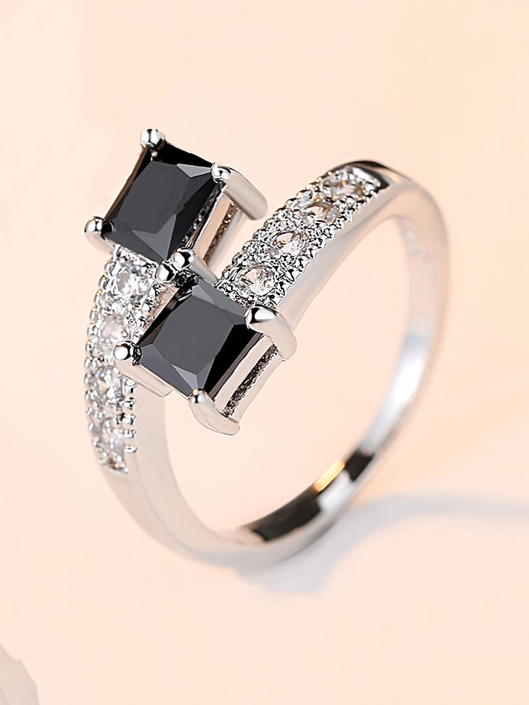 Yellow Chimes Rings for Women Crystal Ring Micro Inlaid Silver Plated Black Square Crystal Adjustable Ring for Women and Girls.