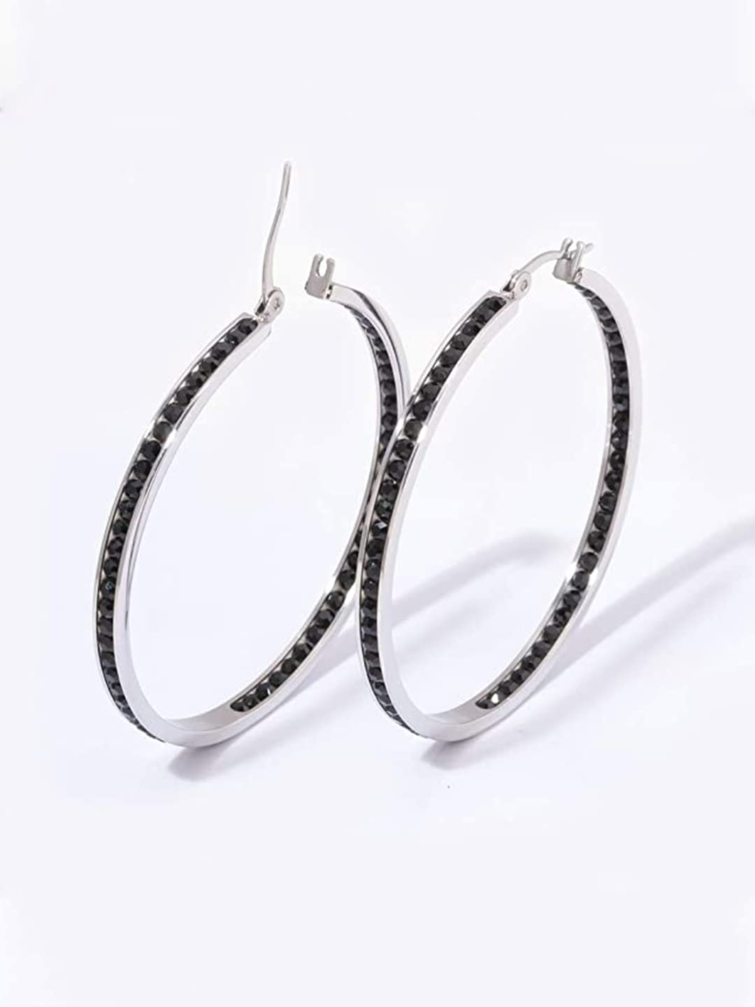 Yellow Chimes Hoop Earrings for Women Black Crystal Studded Silver Plated Hoop Earrings For Women and Girls