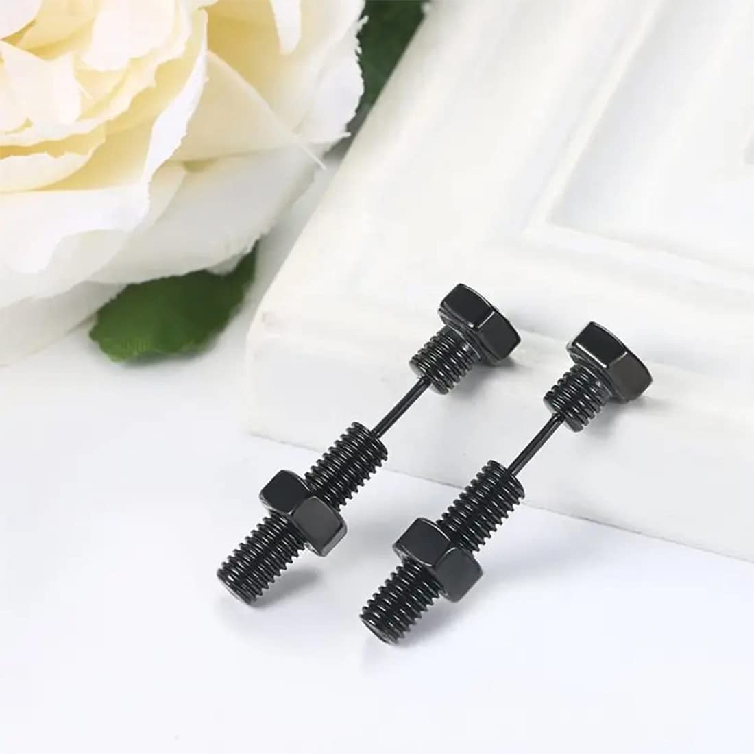 Yellow Chimes Stud Earrings for Men Stainless Steel Screw Design Black Stud Earrings for Men and Women