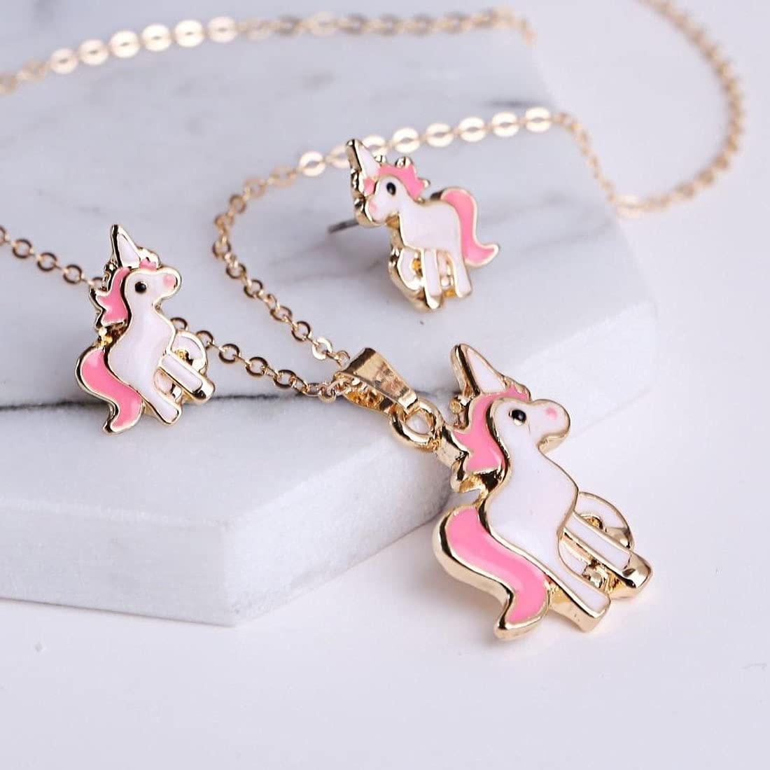 Melbees by Yellow Chimes Pendant Set for Girls Lovely Pink Baby Unicorn Small Pendant Set Necklace with Stud Earrings Kids Jewellery Set for Girls and Kids.