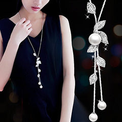 Yellow Chimes Long Chain Necklace for Women Floral Wine Crystal Studded Pearl Silver Long Chain Pendant Necklace for Women and Girls.