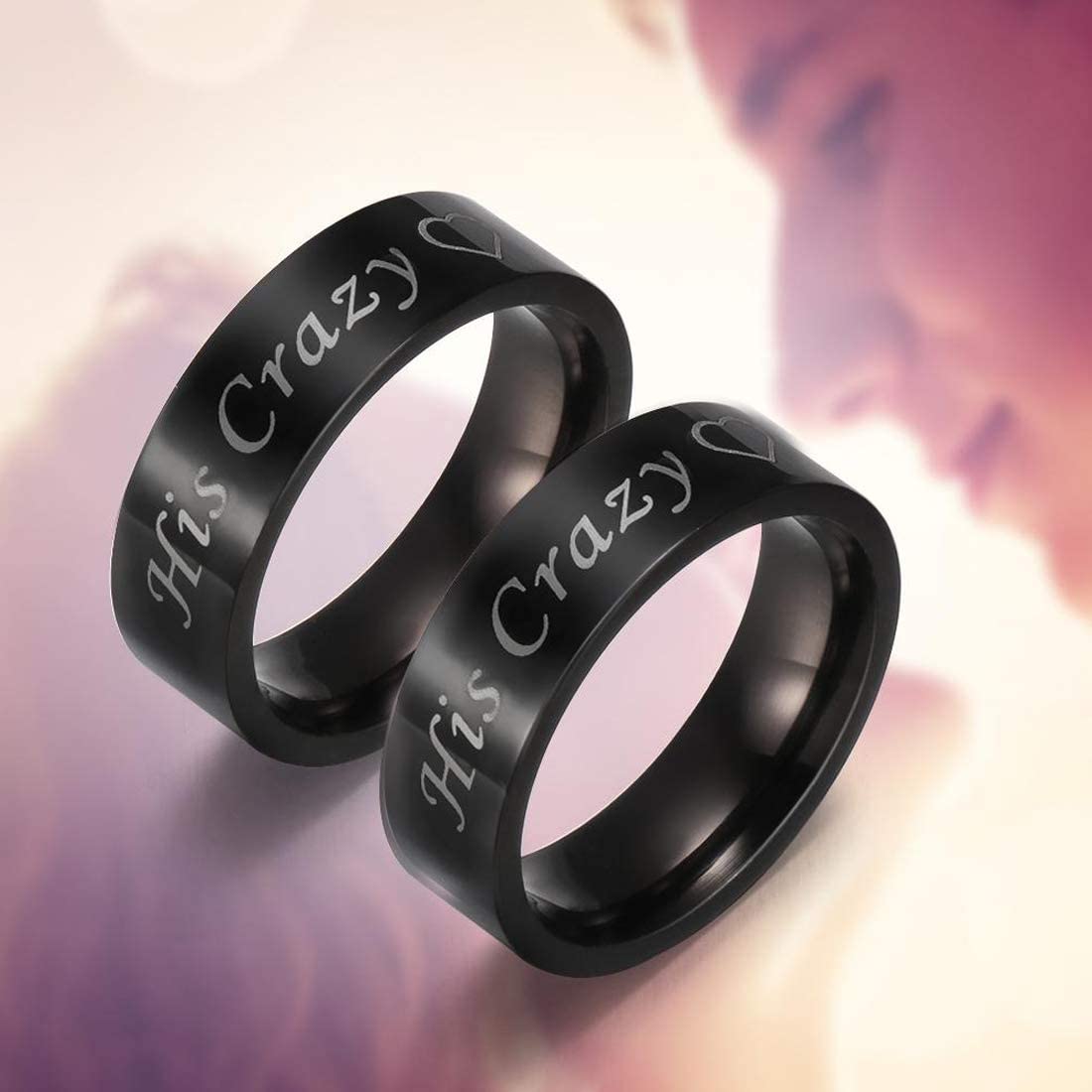 Yellow Chimes His Crazy Heart Engraved Stainless Steel Black Band Rings For Women & Girls