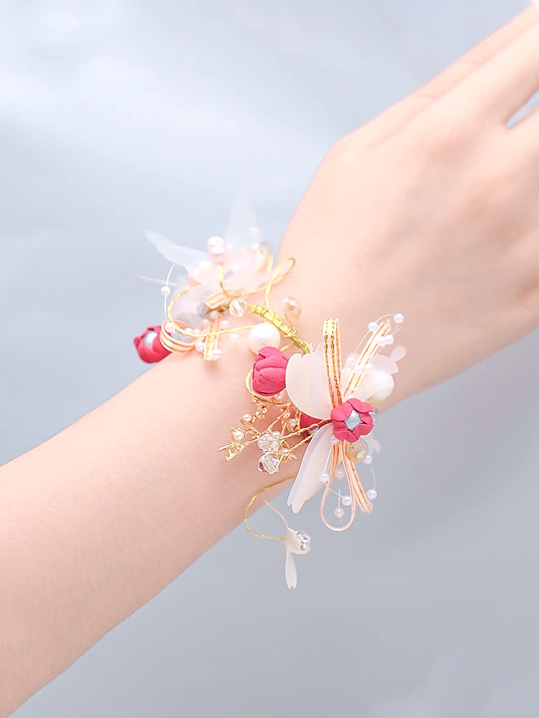 Yellow Chimes Bracelet for women and Girls Pink Floral Bracelets for Women Bridal Wedding Bracelet Fabric Wrist Band Pink Pearl Hand Bracelet For Women and Girls