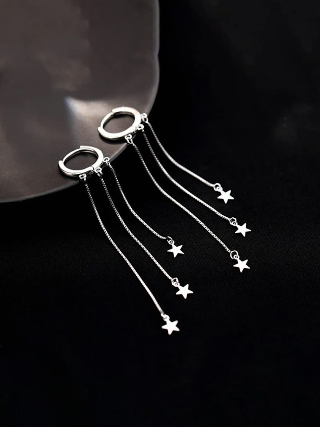 Yellow Chimes Earrings For Women Silver Toned Round Stud Triple Chain Stars Hanging Dangler Earrings For Women and Girls