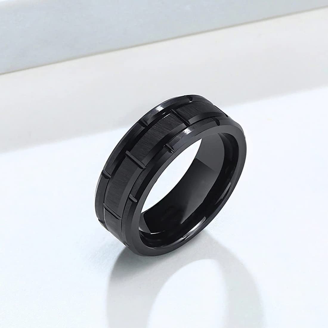Yellow Chimes Rings for Men Stainless Steel Black Ring Brick Pattern Band Finger Ring for Men and Boys.