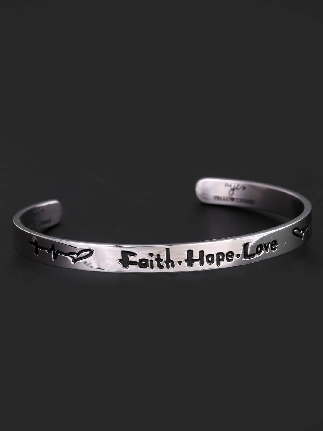 Yellow Chimes Bracelet for Unisex Faith Hope Love Inspirational Gifts Message Engraved Mirror Polish Stainless Steel Unisex Karma Band Kada Bracelet for Men and Women