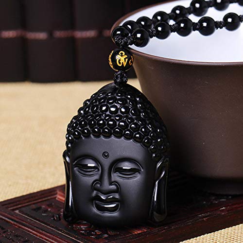 Yellow Chimes Black Beads Necklace for WomenObsidian Hand Carved Healing Beads Yoga Reik Natural Stone God Buddha Long mala Amulet Necklace Pendant for Men and Women