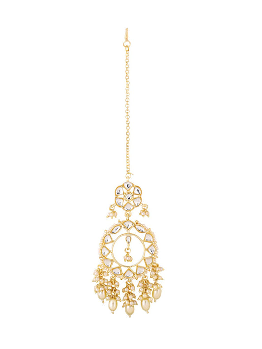 Yellow Chimes Maang Tikka for Women Gold Plated Kundan Studded Beads Drop Maangtikka for Women and Girls