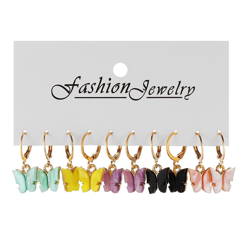 Yellow Chimes Earring For Women Combo Pack Of 5 Pairs Gold Toned Huggie Hoops With Attached Multicolor Butterfly Charm Hanging Earrings For Women and Girls
