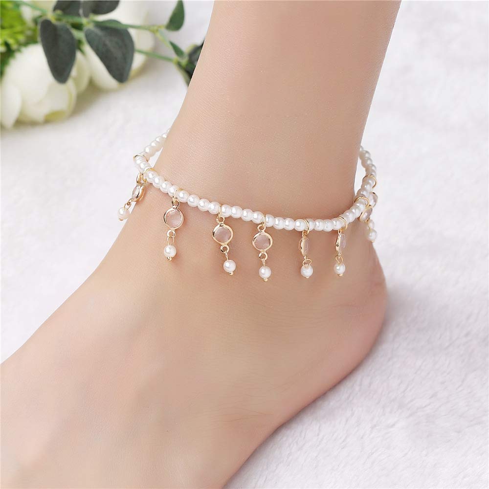 Yellow Chimes Latest Fashion Crystal Tassels Peal String 2 PC Stretchable Anklet for Women and Girls