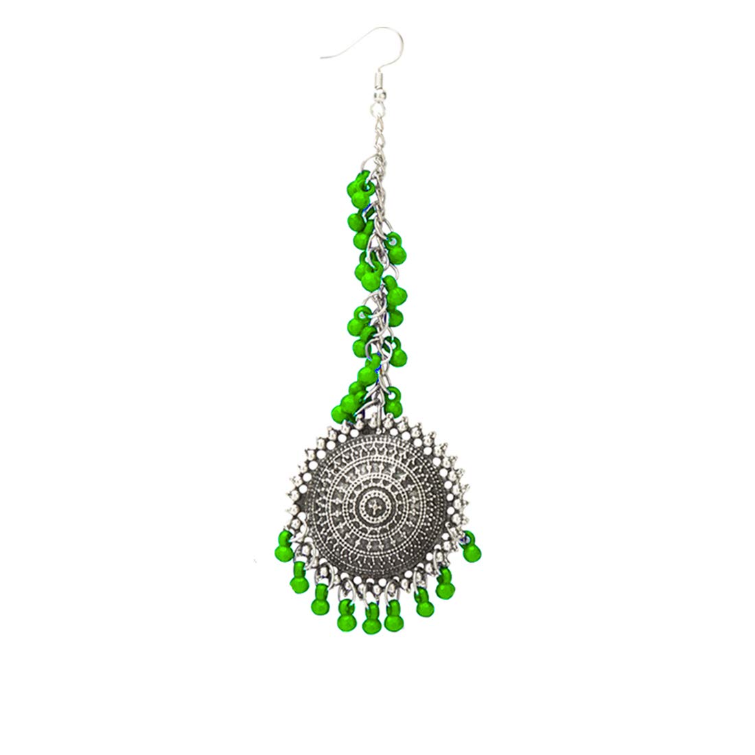 Yellow Chimes German Oxidised Silver Antique Traditional Maang Tikka with Earrings Jewellery Set for Women and Girls (Green)