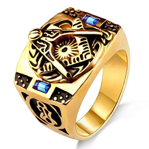 Yellow Chimes Rings for Men Antique AG Masonic Logo Religious Freemason Symbol with Blue Stone Stainless Steel Ring for Men & Boys