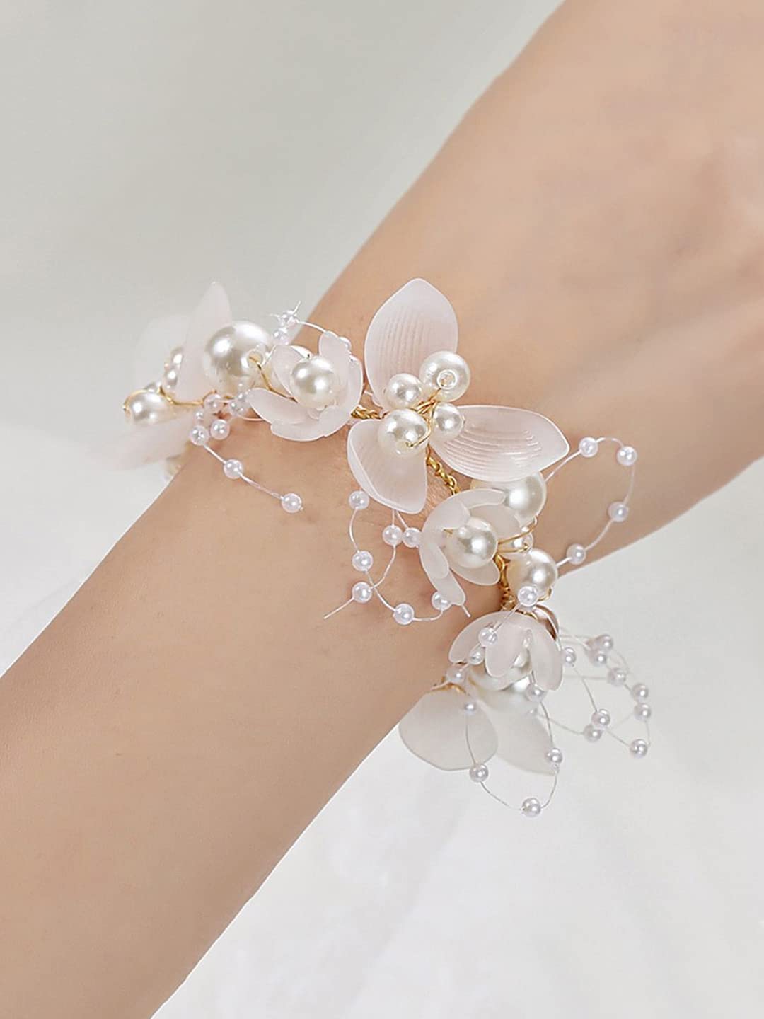 Yellow Chimes Bracelet for women and Girls Pink white Floral Bracelets for Women Bridal Wedding Bracelet Fabric Wrist Band Pink Pearl Hand Bracelet For Women and Girls (Design 3)