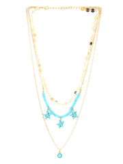 Yellow Chimes Necklace For Women Multilayered Gold Toned Blue Color Beads Studded Star Charm Hanging Bohemian Neckchain For Girls and Women