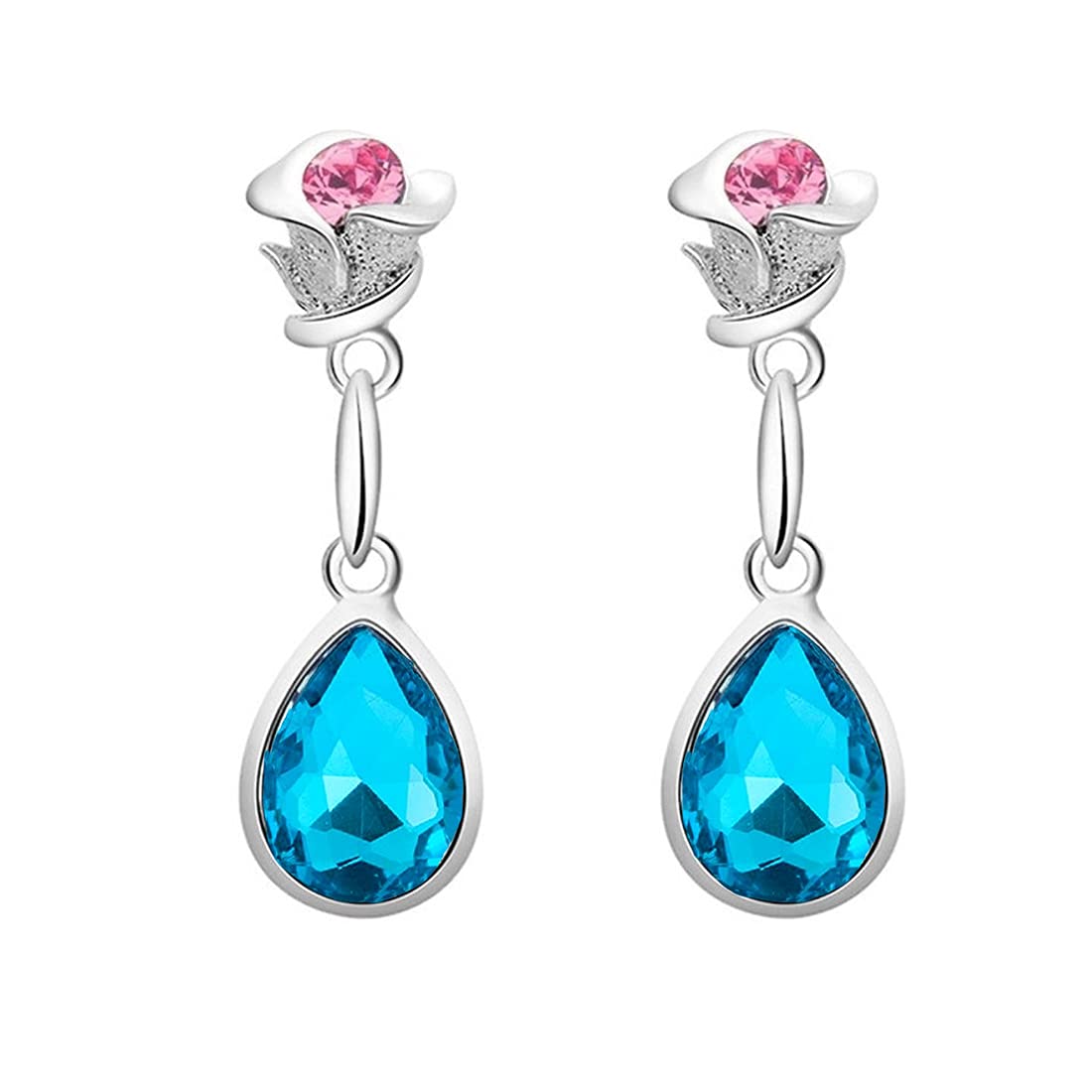 Yellow Chimes Elegant Latest Fashion Silver Toned Blue Flower Crystal Designer Drop Earrings for Women and Girls, silver, blue, medium