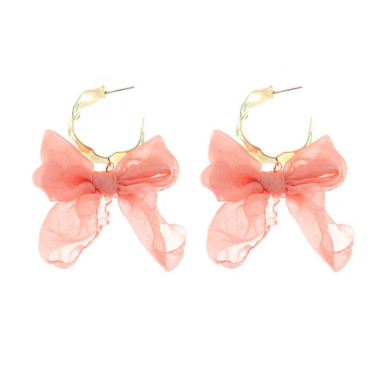 Yellow Chimes Earrings For Women Pink Colored Cloth Woven Bow Shaped Hoop Earrings For Women and Girls