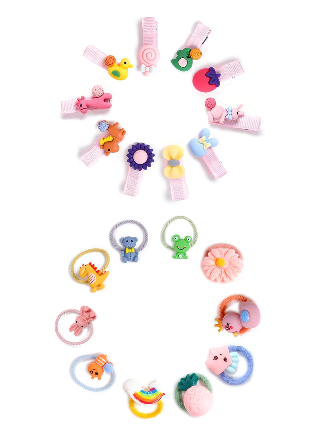 Melbees by Yellow Chimes Hair Clips for Girls 20 PCS Hairclips Set 10 Pairs Rubber Bands Ponytail Holder Cute Characters Rubber Bands for Kids and Girls Hair Accessories.